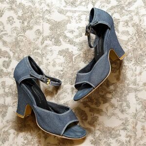 Newport News Y2K Denim Platform Heels 7 Retro Open Toe Ankle Mary Jane’s